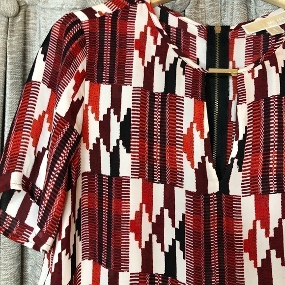 Michael Michael Kors Red & Cream Southwestern Print Sheer Short Sleeve Top Small - Picture 4 of 13
